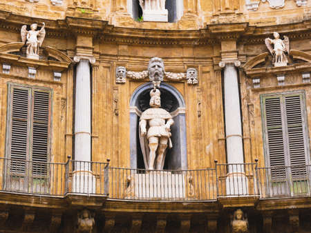 Palermo, Italy April, 2018: Statue of Philip IV at the Quattro Canti, Palermo Baroque facade at the sout-east corner in the historic center of Palermoのeditorial素材