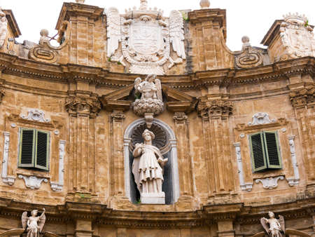Palermo, Italy April, 2018: Statue of Saint Catherine at the Quattro Canti, Palermo Baroque facade at the sout-east corner in the historic center of Palermoのeditorial素材