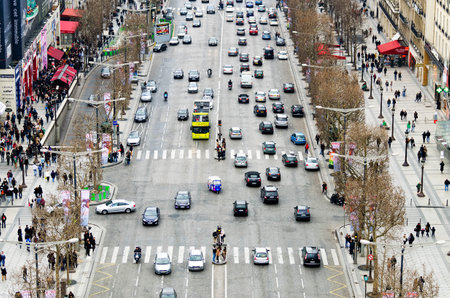 Paris, France - March 17, 2012: view of the traffic in Avenue des Champs Elysees from the roof of the Triumphal Arch in Parisのeditorial素材