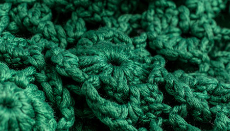 Detailed view of a handmade green crochet fabric, showcasing texture and design.の素材