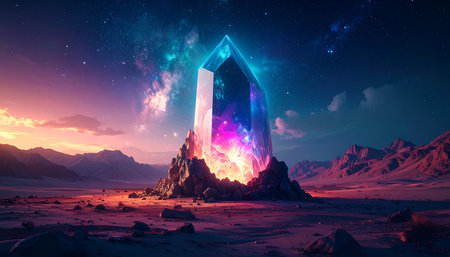 A vibrant crystal formation glows in a desert landscape under a starry sky, creating a magical scene.の素材