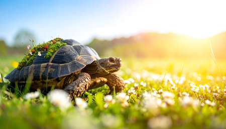 A turtle crawls through a field of daisies on a sunny day.の素材
