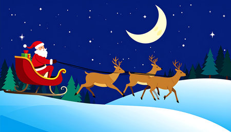 Festive illustration of Santa Claus in his sleigh pulled by reindeer across a snowy landscape under a crescent moon and starry night sky.の素材