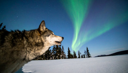 A majestic wolf stands in a snow-covered landscape with vibrant green aurora borealis illuminating the night sky above pine trees.の素材