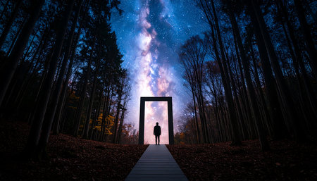 A lone figure stands in a doorway-like portal in a dark forest, revealing a vibrant starry sky beyond, creating a surreal scene.の素材