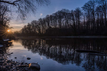Winter River Sunsetの写真素材