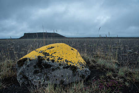 Yellow stone in front of volcano crater in a ash dessertの写真素材