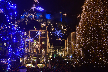 LJUBLJANA - SLOVENIA - DECEMBER 1, 2017: Official lighting of holiday christmas lights in the center of Ljubljana, the capital of Slovenia.のeditorial素材