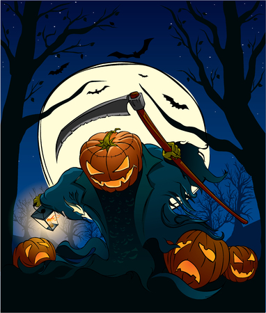 Halloween pumpkin flying over the cemetary with a lanternのイラスト素材