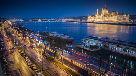 Hungarian Parliament building and danube river at night time , Budapest , Hungaryのeditorial素材