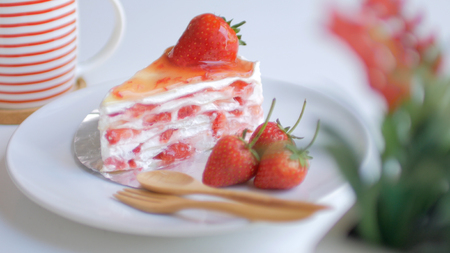 Strawberry crape cake in coffee and cake cafe