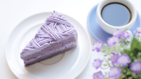 Purple taro cake with coffee at coffee cafe take a break timeの写真素材