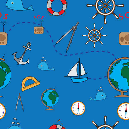 seamless nautical pattern on blue background with a picture of a boat, compass, steering wheelのイラスト素材