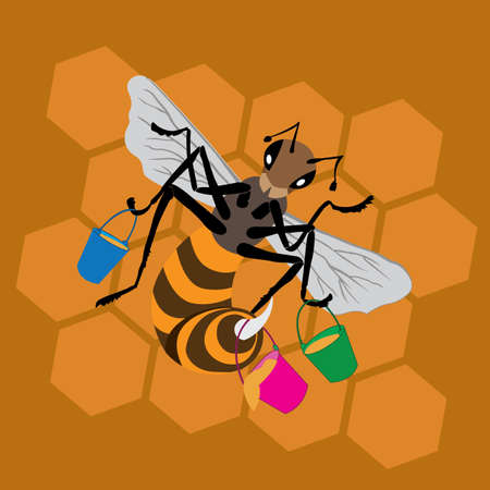 bee with buckets of honey on honeycomb background in cartoon styleのイラスト素材