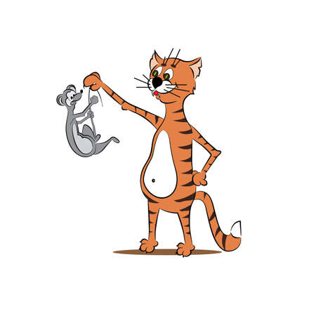 the red cat caught gray mouse by the tailのイラスト素材