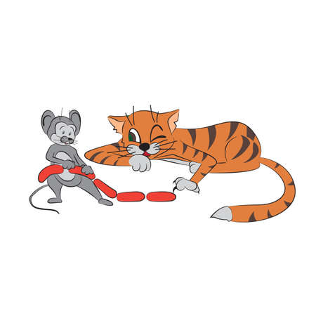 the mouse drags the sausages and the cat watching herのイラスト素材