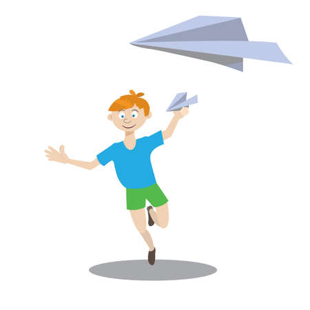 boy playing with paper airplane, flat designのイラスト素材