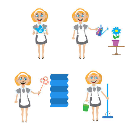 Multitasking housewife illustration. The woman housekeeper, cleaning, watering flowers, preparing tea, cleaning of dustのイラスト素材