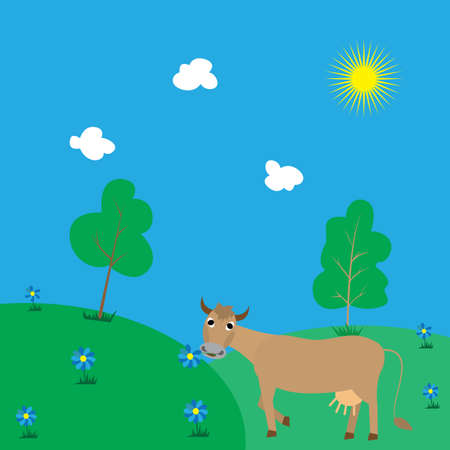 a cow grazing in a meadow, around in the hills with treesのイラスト素材