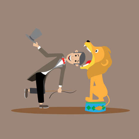 the trainer takes a lion the kill, my head in the lion's mouth. vector illustration, cartoonのイラスト素材