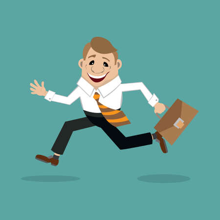 businessman in a shirt and pants with a bag in hand running to meet a client. vector illustration, cartoonのイラスト素材
