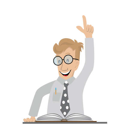 man reading a book, found in it the solution of the question, happily raised up hand, vector illustration cartoonのイラスト素材