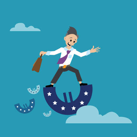 abstract, businessman teetering on the monetary Euro sign. vector illustration of cartoonのイラスト素材