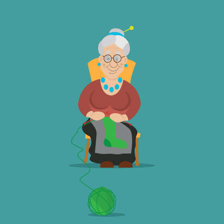 the old woman was knitting socks to knit, sat on a chair, vector illustration, cartoonのイラスト素材
