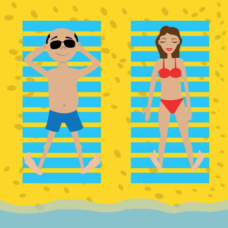 man and woman sunbathing on the beach. vector illustration of cartoonのイラスト素材