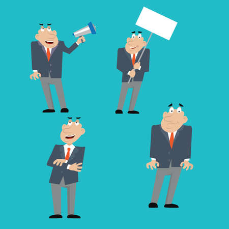 businessman shouting into a megaphone, holding a poster, evil boss. vector illustration of cartoonのイラスト素材