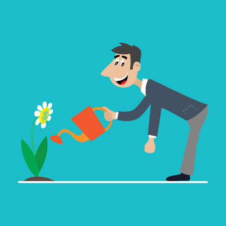 a happy man is watering the flowers. vector illustration of cartoonのイラスト素材