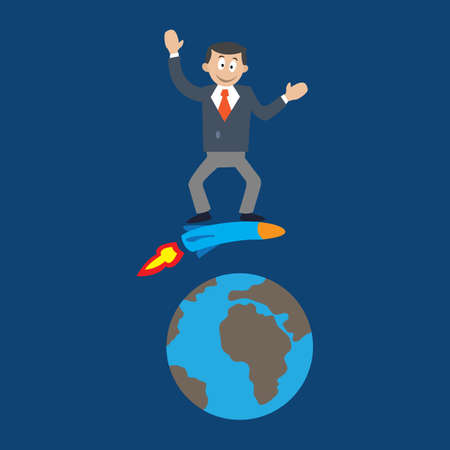 businessman flies over the earth on the rocket. vector illustration of cartoon.のイラスト素材