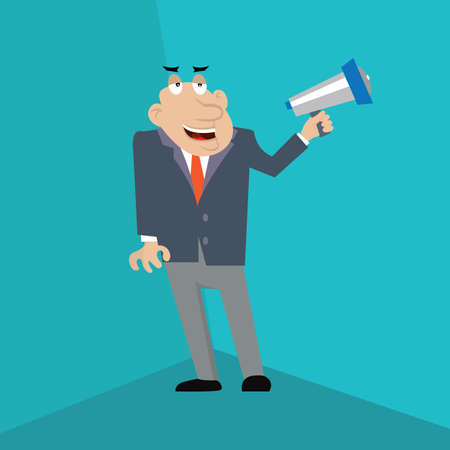 businessman shouting into a Megaphone. vector illustration of cartoon.のイラスト素材
