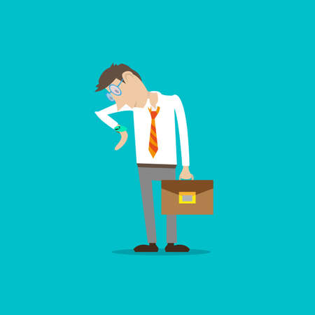 man in glasses looks at his watch. illustration of cartoonのイラスト素材