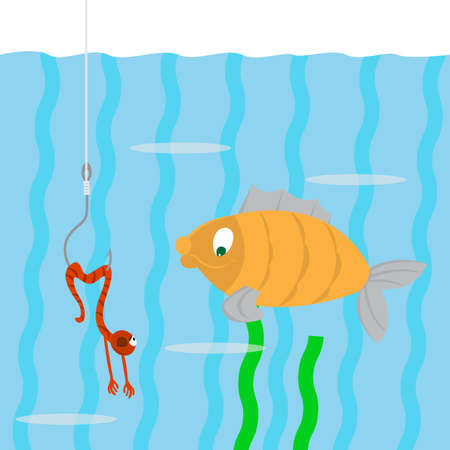 fish swims. looking at a worm on a hook. the worm pretends to be dead.のイラスト素材