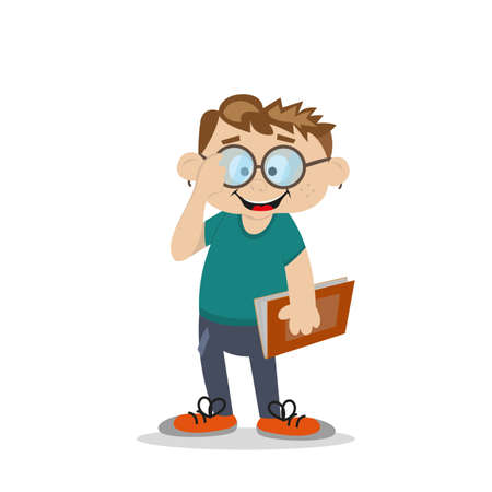 the boy holds the book. corrects glasses hand.のイラスト素材