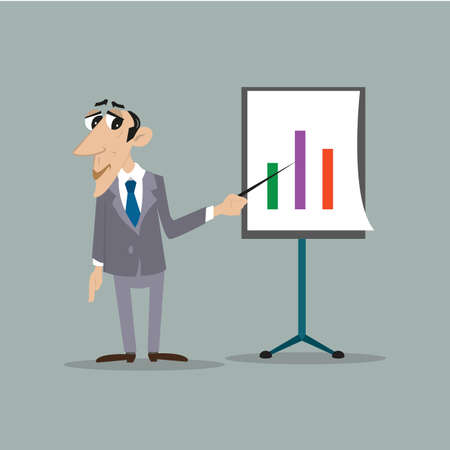 Happy businessman in a suit presentations with projector, white screen. the growth of the development profit.のイラスト素材
