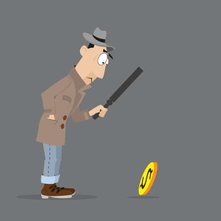 of man detective looking through a magnifying glass on the coin.のイラスト素材
