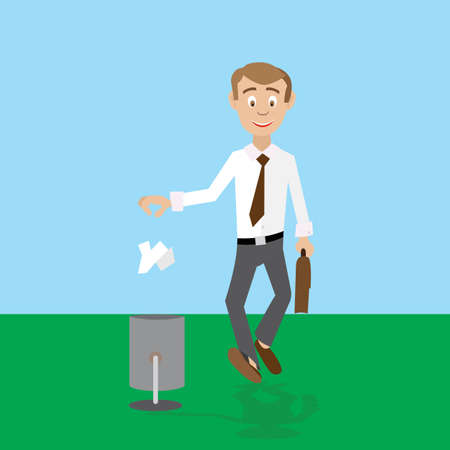 throw trash in the trash information. banner. vector illustration of cartoonのイラスト素材