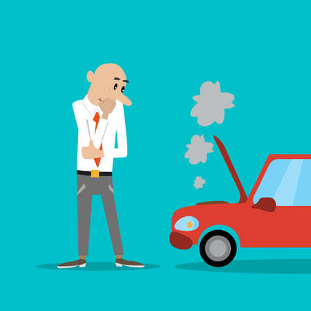 a man stands with his arms folded. looks at the broken car. vector illustration of cartoonのイラスト素材