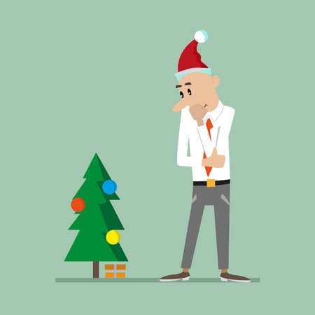 man looks on the tree. under the tree lies a gift. vector illustration of cartoonのイラスト素材