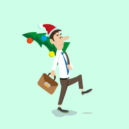 man carrying a Christmas tree, the Santa hat in the office. vector illustration of cartoonのイラスト素材