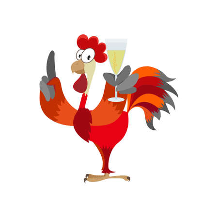 sign red rooster is a symbol holding a glass of champagne. wishes for a happy Christmas and a happy New year. vector cartoon illustrationのイラスト素材