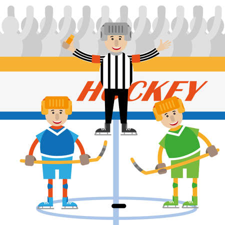 Playground for playing hockey. the beginning of the game the referee dropped the puck. the players are playing. fans cheer for their team. vector illustration of cartoonのイラスト素材