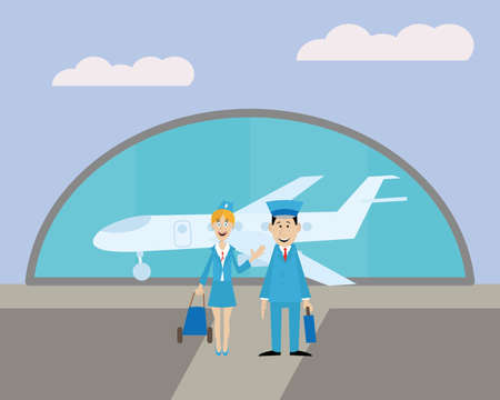 the pilot and the flight attendant at the airport before the flight. Standing on the front of the plane. vector illustrationのイラスト素材