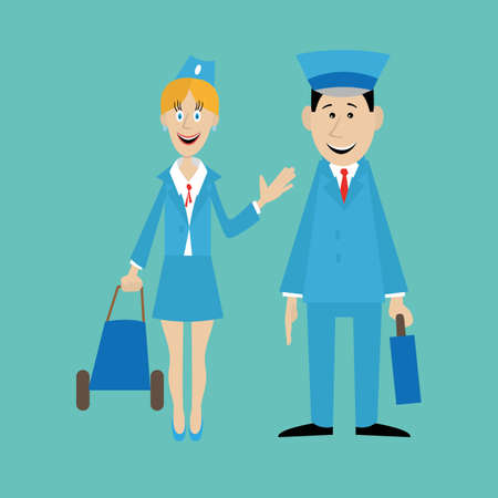 pilot and flight attendant isolated on blue background. vector illustration of cartoonのイラスト素材