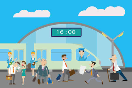 people at the railway station. to Board the train. vector illustration.のイラスト素材