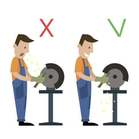 Information poster, health and safety, when working with a grinding machine. cartoon vector illustrationのイラスト素材