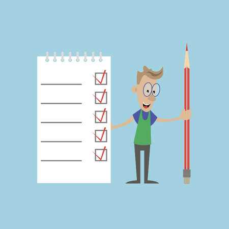 The man makes notes in a notebook with a pencil, vector illustrationのイラスト素材