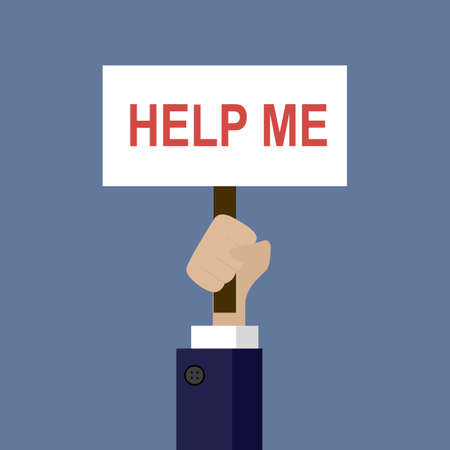 A hand holding a sign with the text "help me!" vector illustration flat styleのイラスト素材